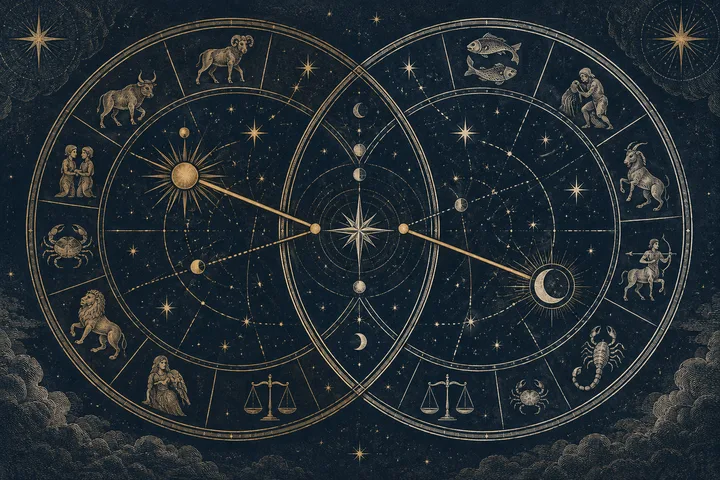 Illustrative close view of engraved zodiac figures, planetary symbols, and crossing aspect lines.