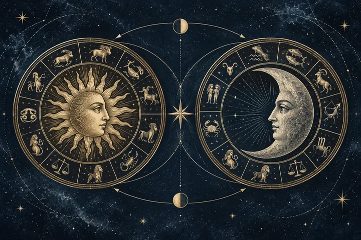 Illustrative paired zodiac wheels with bright planetary faces, circular arrows, and fine aspect lines.