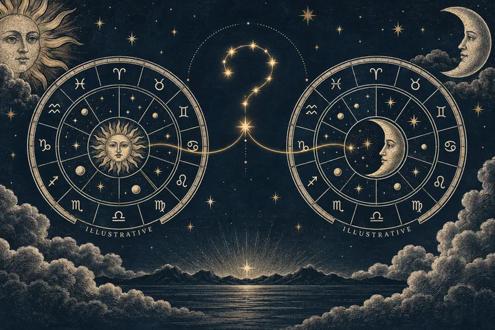Two illustrated zodiac wheels, one with a sun at its center and one with a crescent moon, connected by a glowing line beneath a question mark.