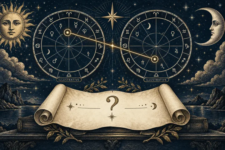 Two illustrated zodiac wheels connected by a glowing line above a blank parchment scroll marked with a question mark.