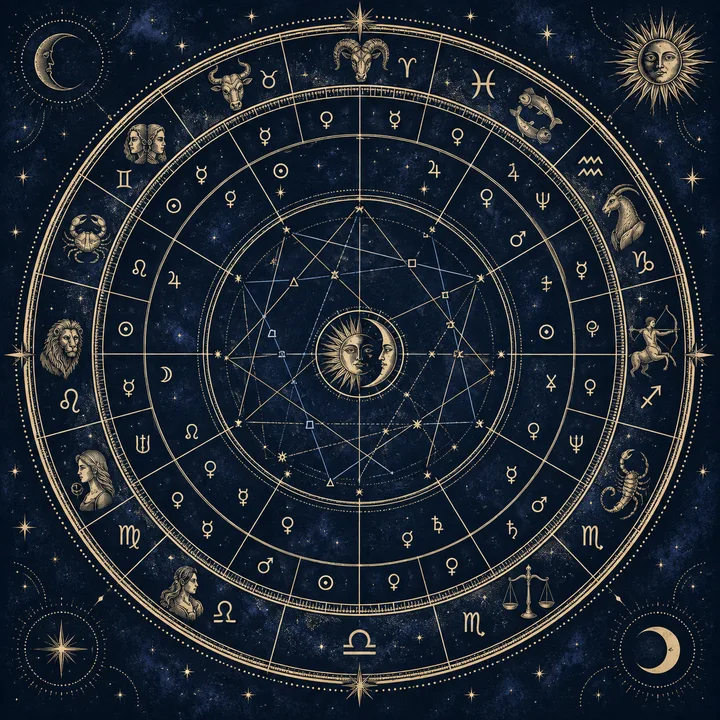 Illustrative engraved zodiac wheel with planetary symbols and interconnecting aspect lines